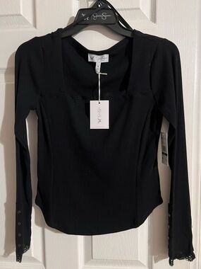 NWT Jessica Simpson Women's Aleera Ribbed Knit Lace Trim Long Sleeve Top Size XS